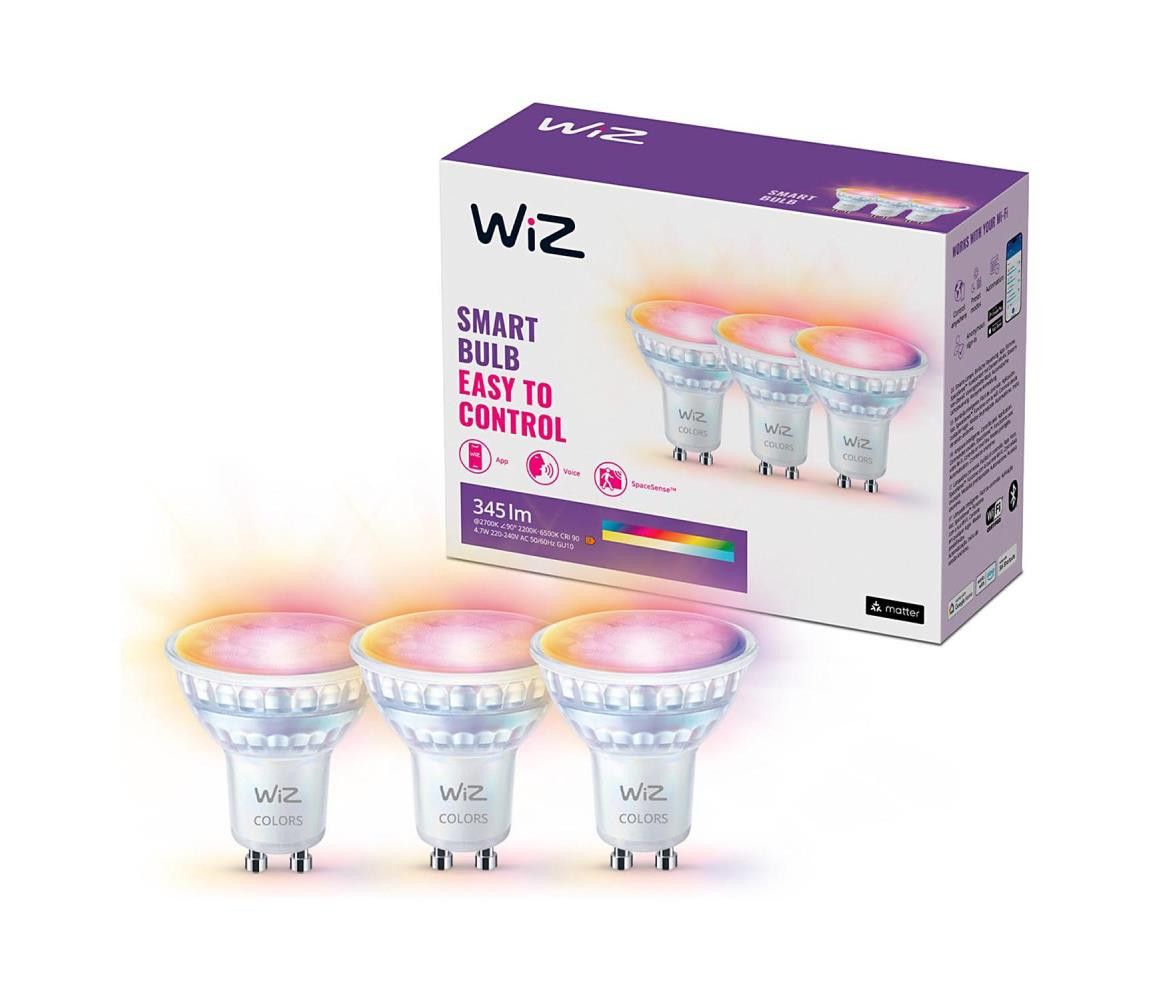 WiZ SET 3x LED skleněná žárovka GU10 4,7W 400lm 2200-6500K RGB IP20, stmívatelná