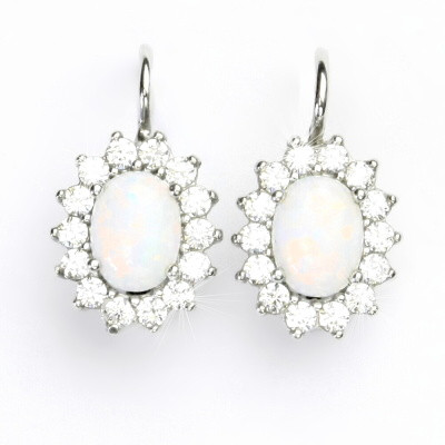 Stříbrné náušnice, bílý syntetický opál, čiré zirkony, Kate, NK 1507