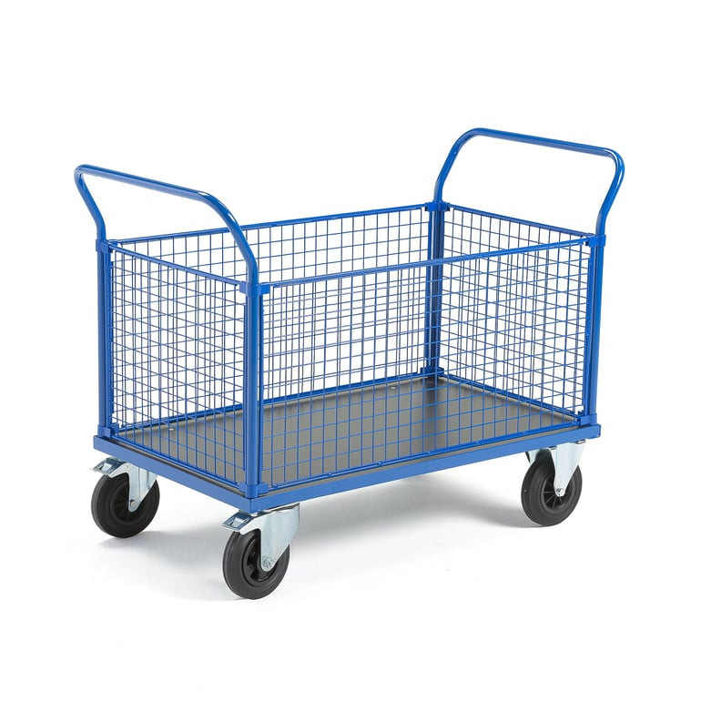 Plošinový vozík TRANSFER, 4 drátěné stěny, 1200x800 mm, gumová kola, s brzdami