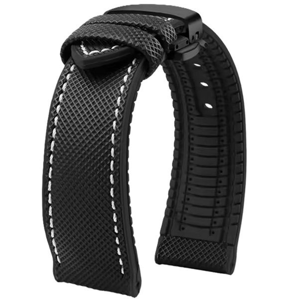 Řemínek gumový s černou motýlovou sponou - černý/bílé prošití - 19 mm