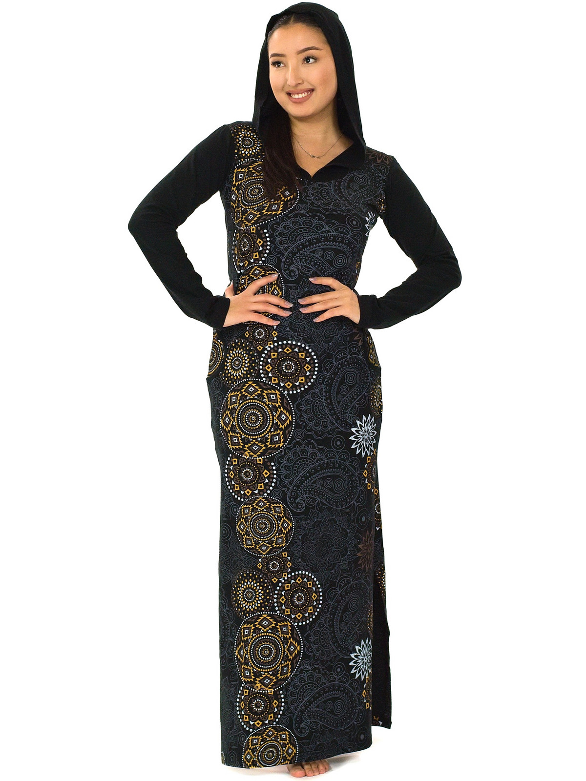 Himalife Dlouhé šaty s kapucí Priya - černá s béžovou Velikost: 3XL