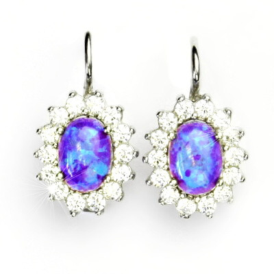 Stříbrné náušnice, fialový syntetický opál, čiré zirkony, Kate, NK 1507