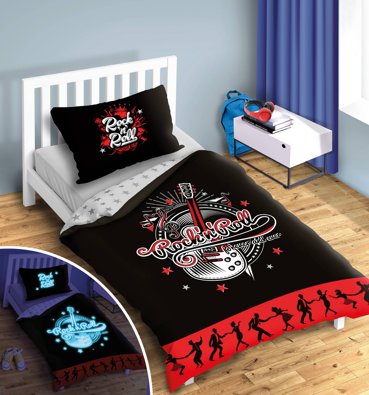 FARO Bavlněné povlečení svítící ve tmě 140x200 + 70x90 cm - Rocková kytara