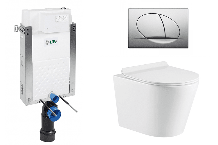 Liv-Fluidmaster Wc set Ring II Wall podmítková nádrž do zdiva, rimless mísa, sedátko a tlačítko matný chrom 195868 - SET(195868, 669931, OLKLT053ER)