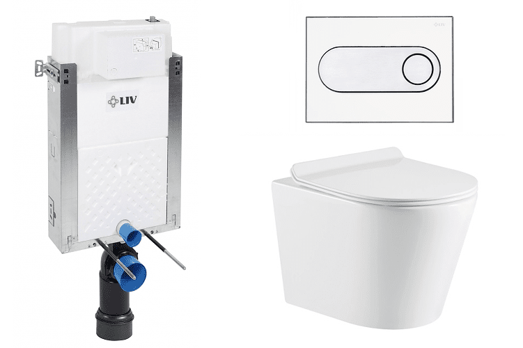 Liv-Fluidmaster Wc set Ring II Wall podmítková nádrž do zdiva, rimless mísa, sedátko a bílé/chrom tlačítko 223125 - SET(669931, OLKLT053ER, 223125)
