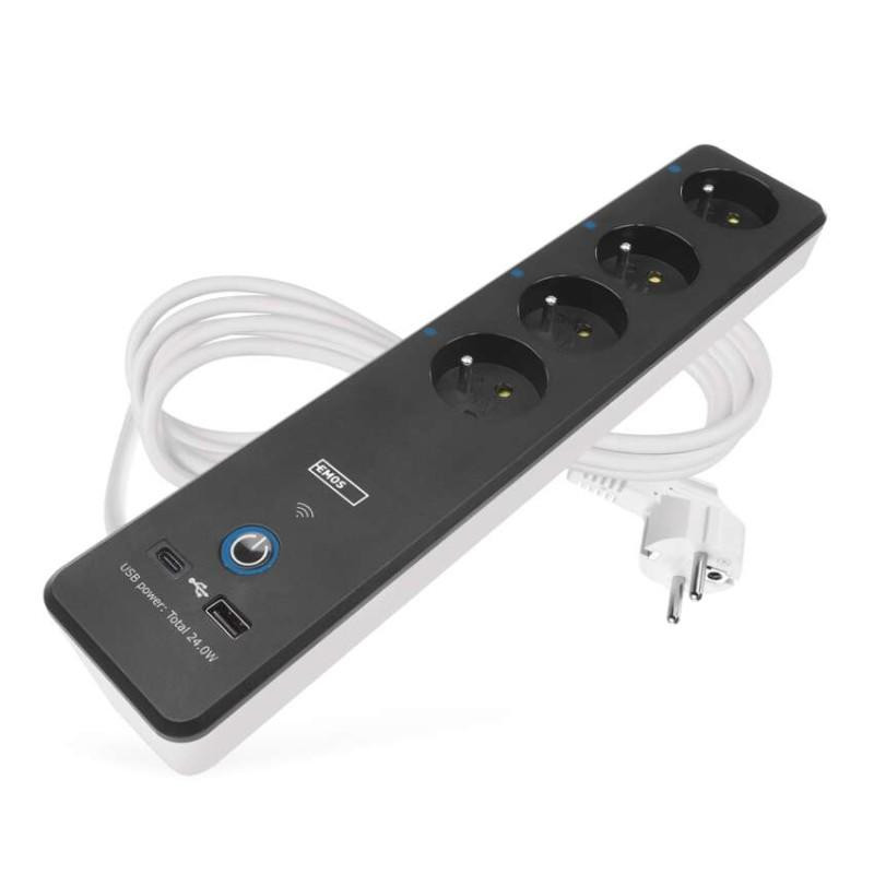 Emos GoSmart prodlužovací kabel 2 m / 4 zásuvky / s vyp. / s USB / bílá-černá / PVC / 1,5 mm2 P1412SM