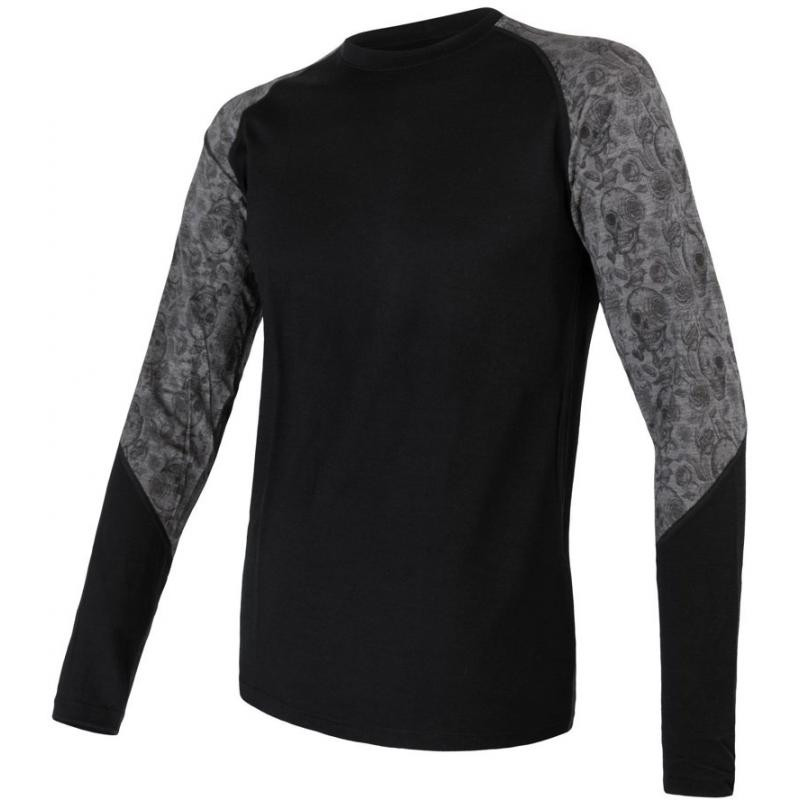 Triko Sensor Merino Impress - pánské, dlouhý, černá, vzor lebky - velikost 2XL
