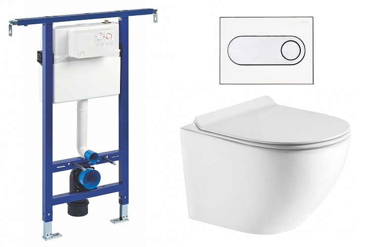 Liv-Fluidmaster Wc set Ring Core podmítková nádrž do bytového jádra, rimless mísa, sedátko a bílé/chrom tlačítko 223125 - SET(222021, 223125,  OLKLT046E)