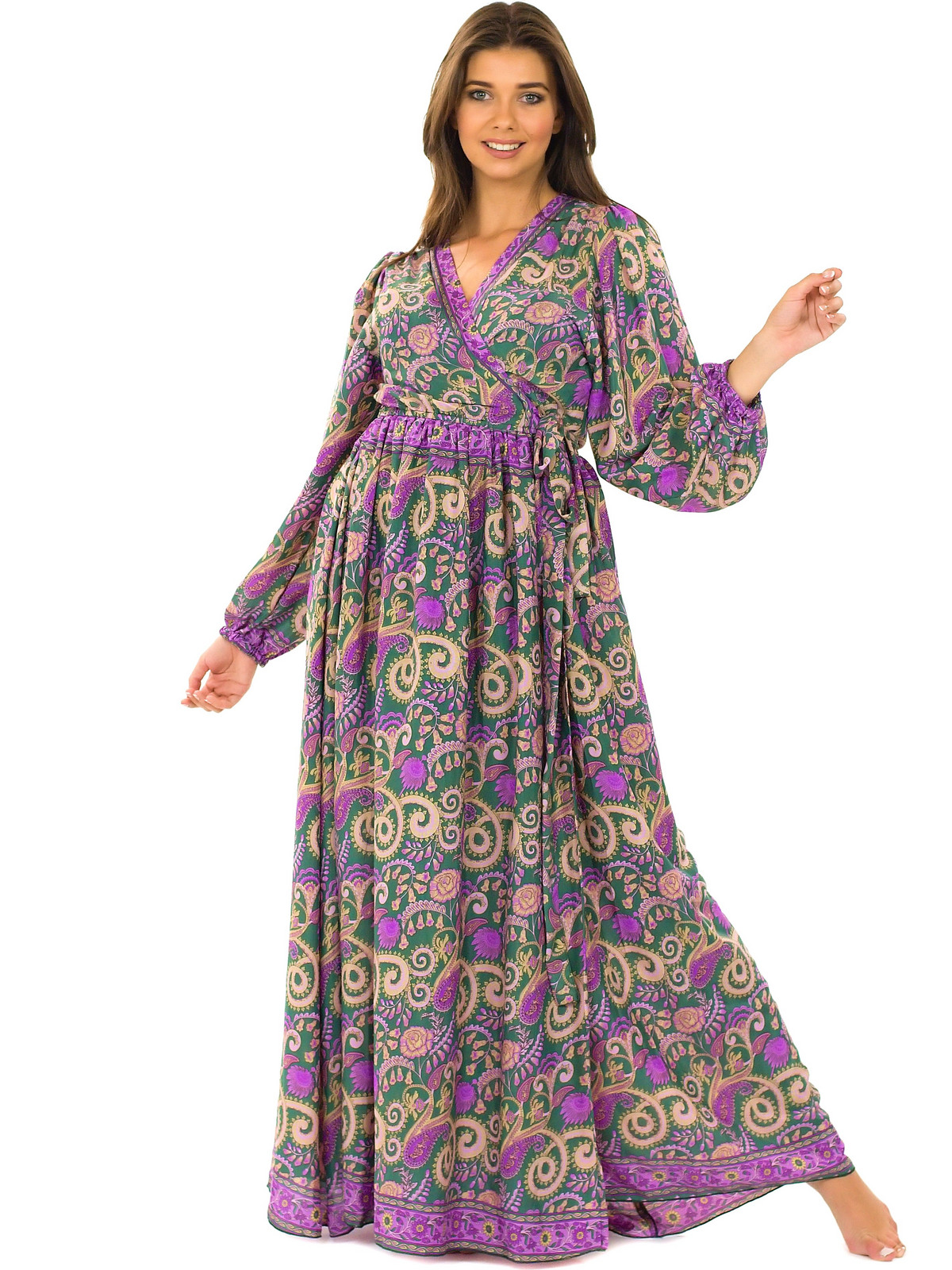 Himalife Zavinovací šaty s dlouhým rukávem Paisley - tmavě zelená s fialovou Velikost: S/M