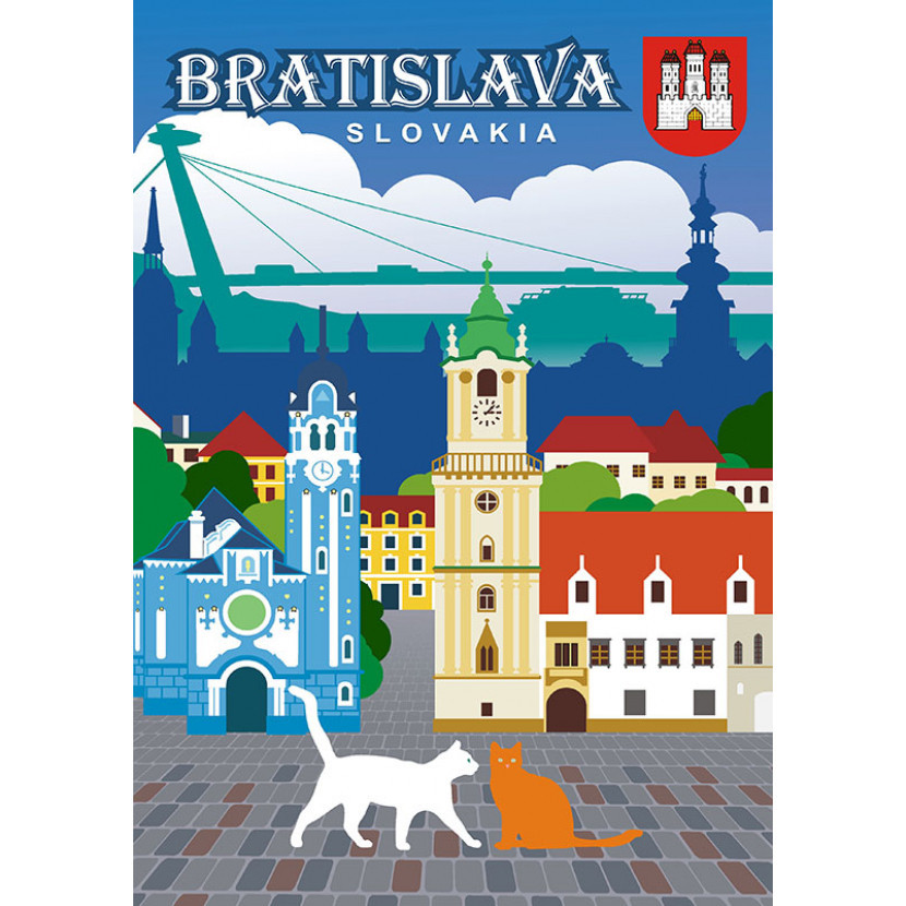 Cedule plechová Slovensko Bratislava s kočkami - barevná