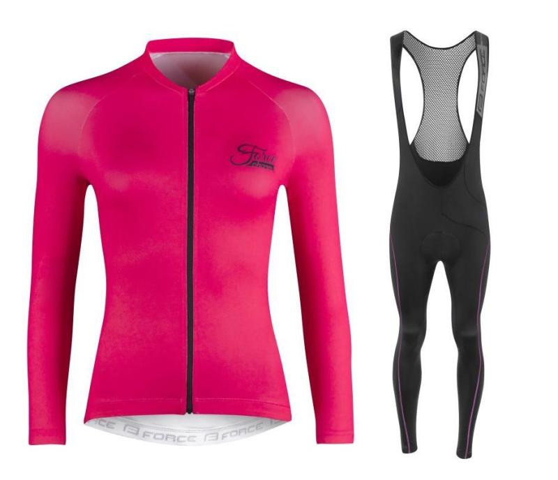 Force CHARM LADY růžový cyklodres - dl. rukáv + Force REFLEX LINE LADY černo-růžové cyklokalhoty