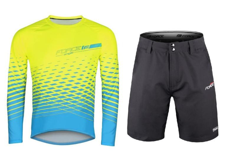 Force MTB ANGLE fluo-modrý cyklodres - dl. rukáv + Force BLADE MTB černé cyklokraťasy