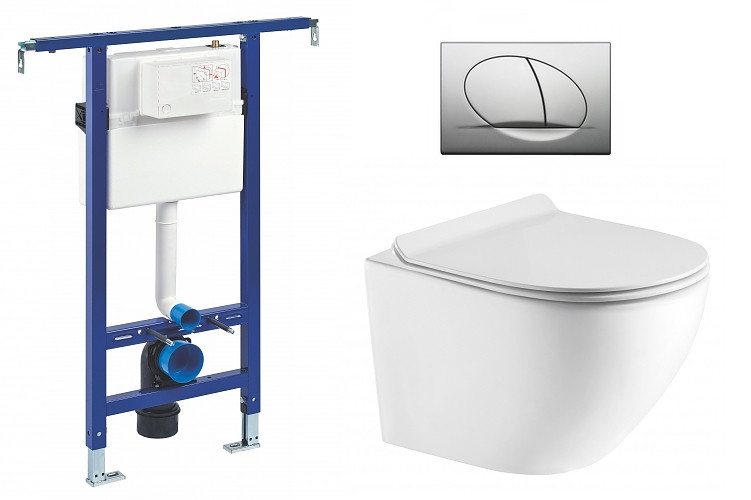 Liv-Fluidmaster Wc set Ring Core podmítková nádrž do bytového jádra, rimless mísa, sedátko a tlačítko matný chrom 195868 - SET(222021, OLKLT046E, 195868)