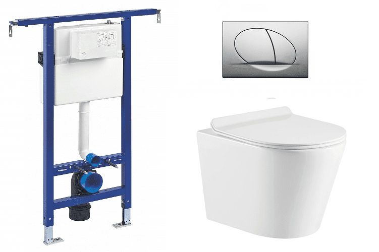 Liv-Fluidmaster Wc set Ring II Core podmítková nádrž do bytového jádra, rimless mísa, sedátko a tlačítko matný chrom 195868 - SET(222021, OLKLT053ER, 195868)