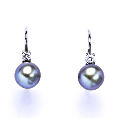 Náušnice stříbrné s přírodní šedozelenou perlou a čirým zirkonem, NK 1243 pp