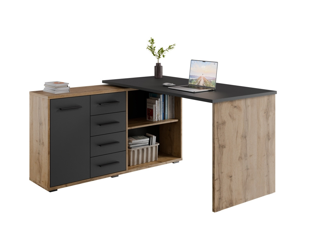 Rohový psací stůl NEJBY GIANNI, levý, dub wotan/antracit