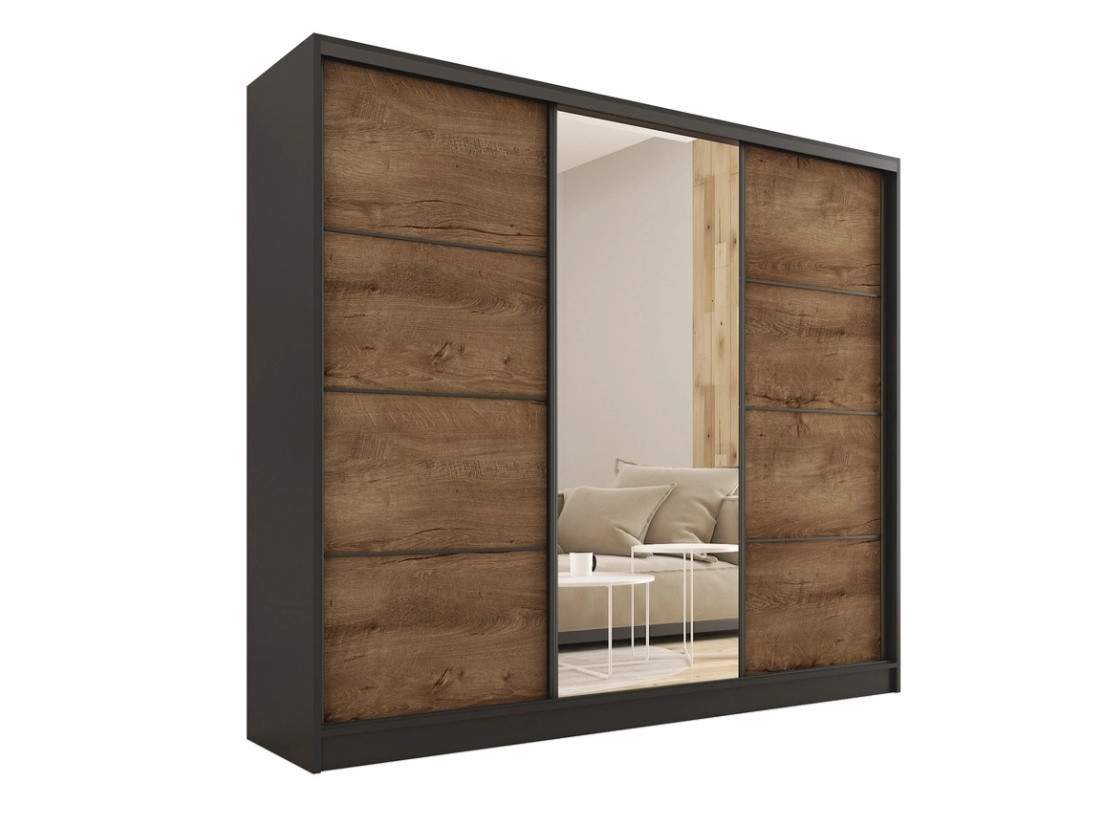 Šatní skříň HARAZIA 200 se zrcadlem, 4 šuplíky a 2 šatními tyčemi, černý mat/ dub lefkas