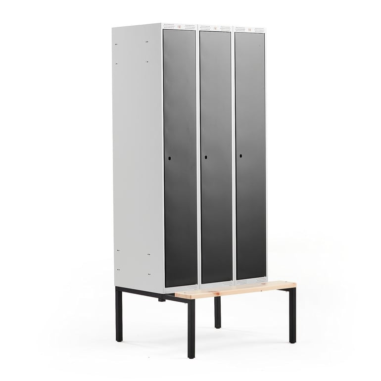 Šatní skříňka CLASSIC, s lavicí, 3 sekce, 2120x900x550 mm, černé dveře