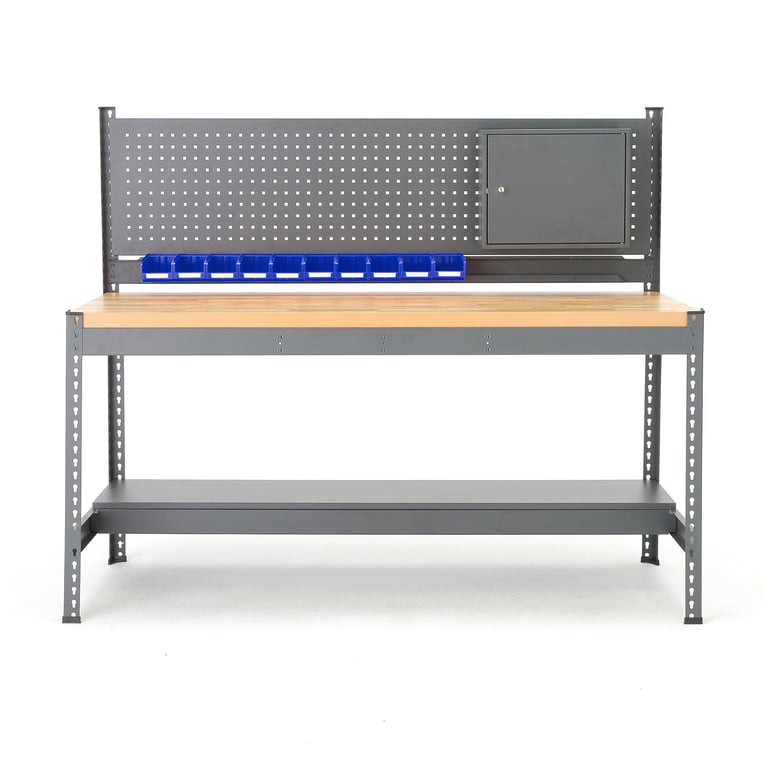 Pracovní stůl COMBO, deska s dubovým povrchem, panel na nářadí, skříňka, plastové boxy