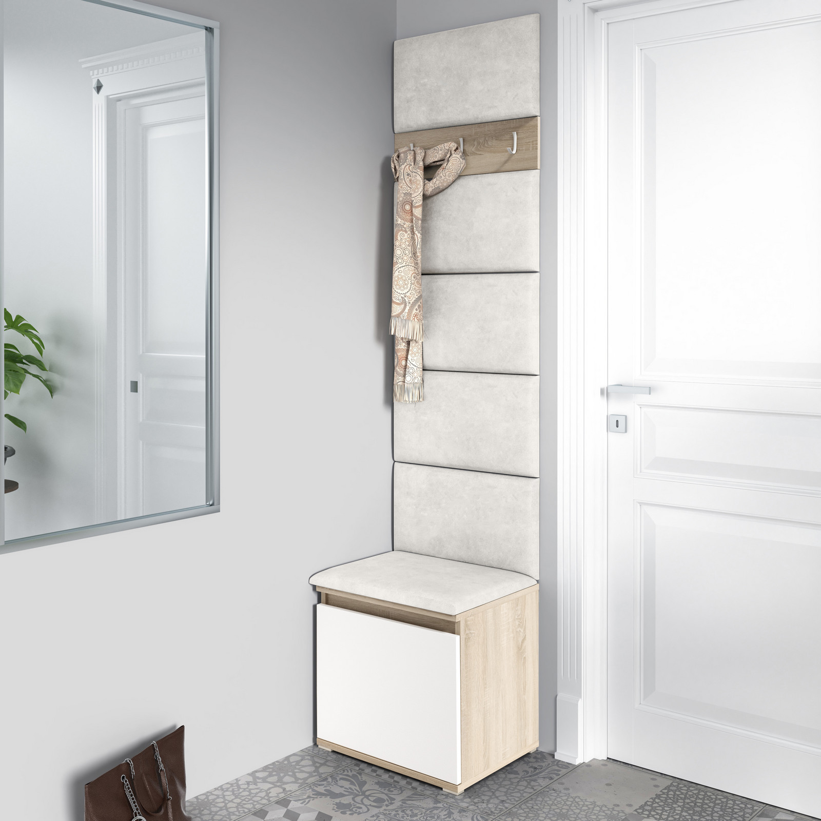 Eka Předsíňová stěna s čalouněnými panely Trinity 7 - Bílá sonoma / Krémová bílá 2301