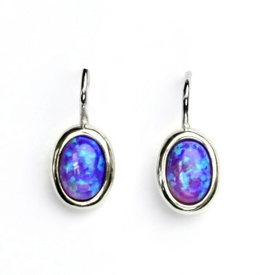 Stříbrné náušnice, fialový syntetický opál, náušnice s opálem, NK 1354