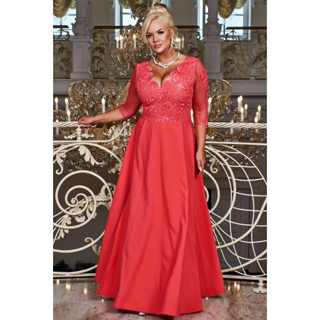 Dámské dlouhé společenské šaty CARMEN coral 3/4 rukáv, Velikost 42, Barva Korálová BOSCA FASHION 0030029