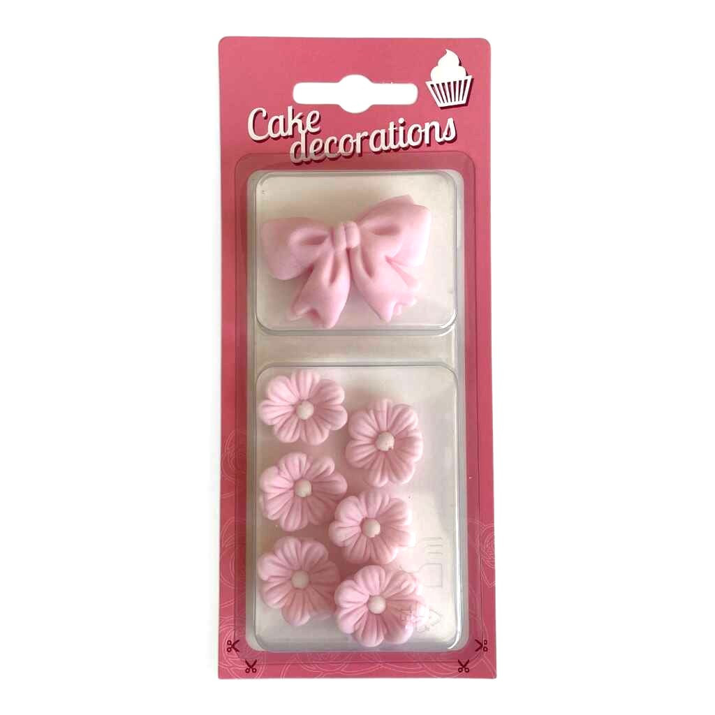 Cukrová dekorace Růžové mašle a květy