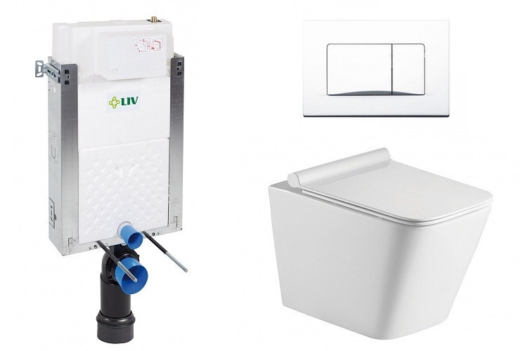 Liv-Fluidmaster Wc set Square Wall podmítková nádrž do zdiva, rimless mísa, sedátko a bílé tlačítko 195851 - SET(195851, 669931, OLKLT052E)