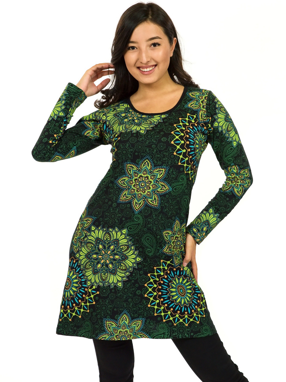 Himalife Šaty s dlouhým rukávem Sambora - černá se zelenou Velikost: XXL