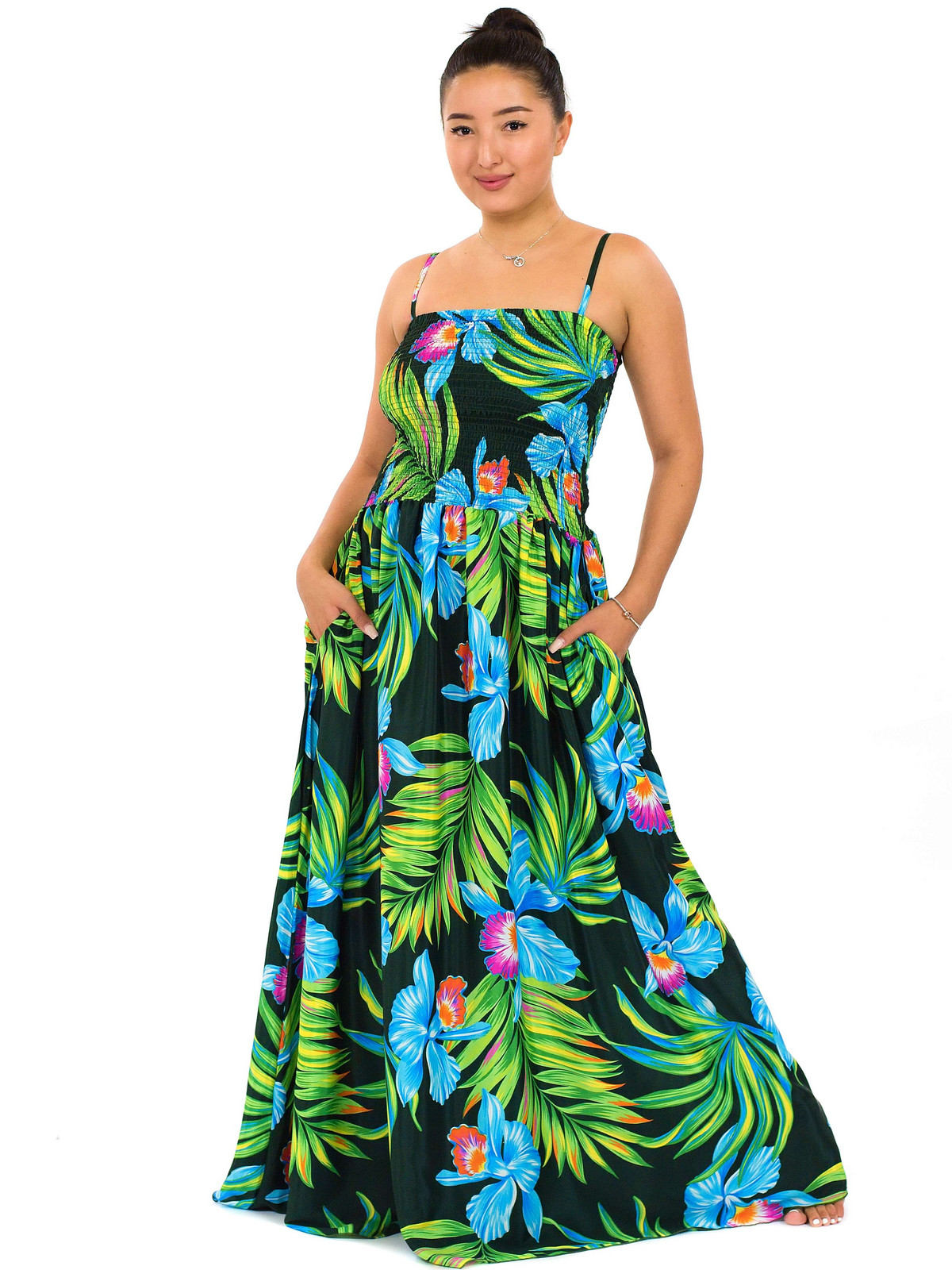 Himalife Dlouhé šaty s kapsami Narcis - zelená s barvami Velikost: S/M