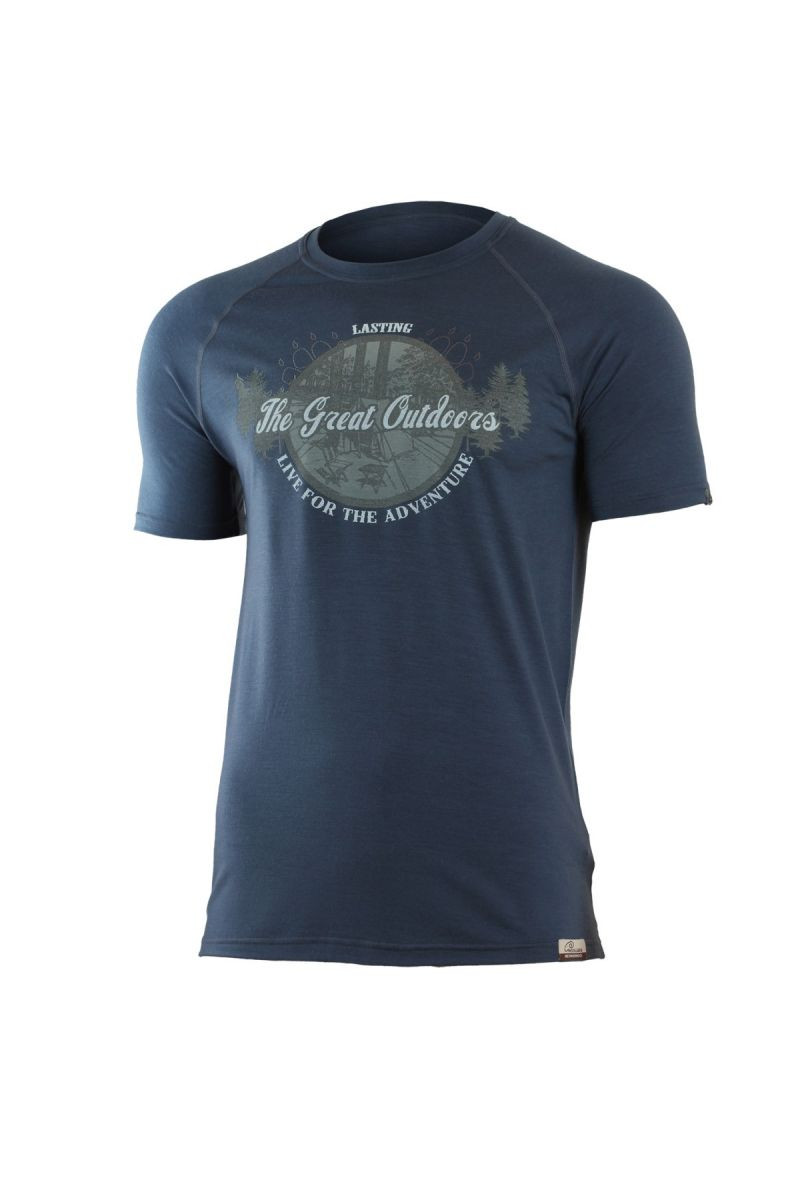 Lasting LUCAS 5656 modré pánské vlněné merino triko s tiskem Velikost: L 8595067851327
