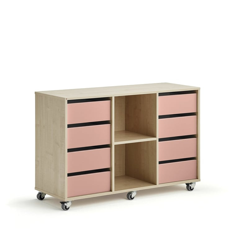 Skříňka CASPER, 8 zásuvek, 2 přihrádky, bříza, tmavě růžová