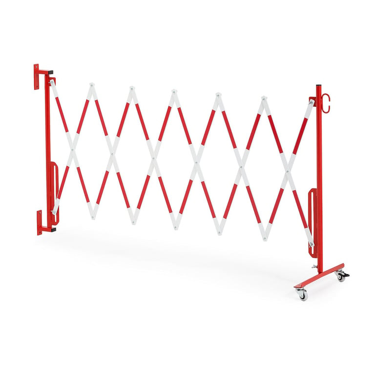 Roztahovací zábrana, s kolečky a držákem na zeď, max. 3600 mm, červená/bílá