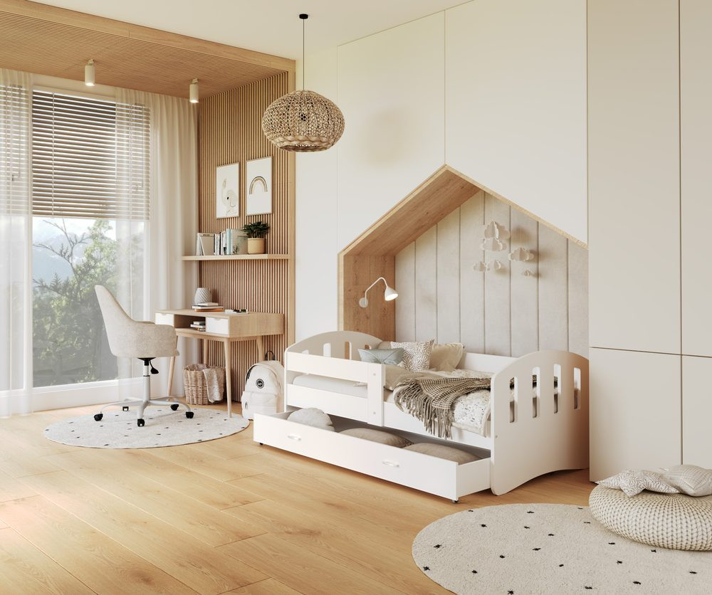 AJK - meble Dětská postel Happy 80x160 cm s úložným šuplíkem, roštem a zábranou