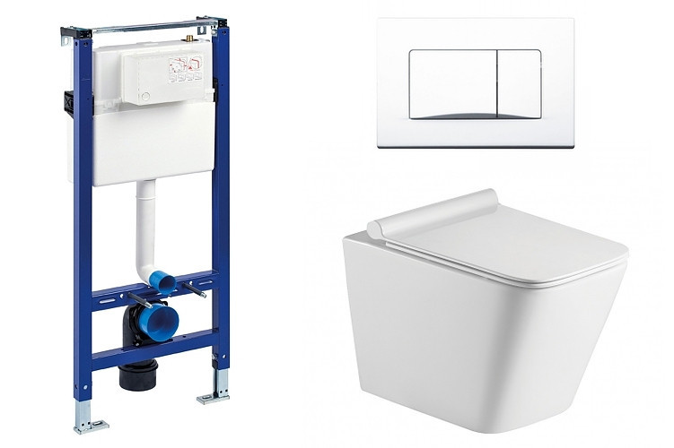 Liv-Fluidmaster Wc set Square Gips podomítková nádrž do sádrokartonu, mísa, sedátko a bílé tlačítko 195851 - SET(195851, 223468, OLKLT052E)