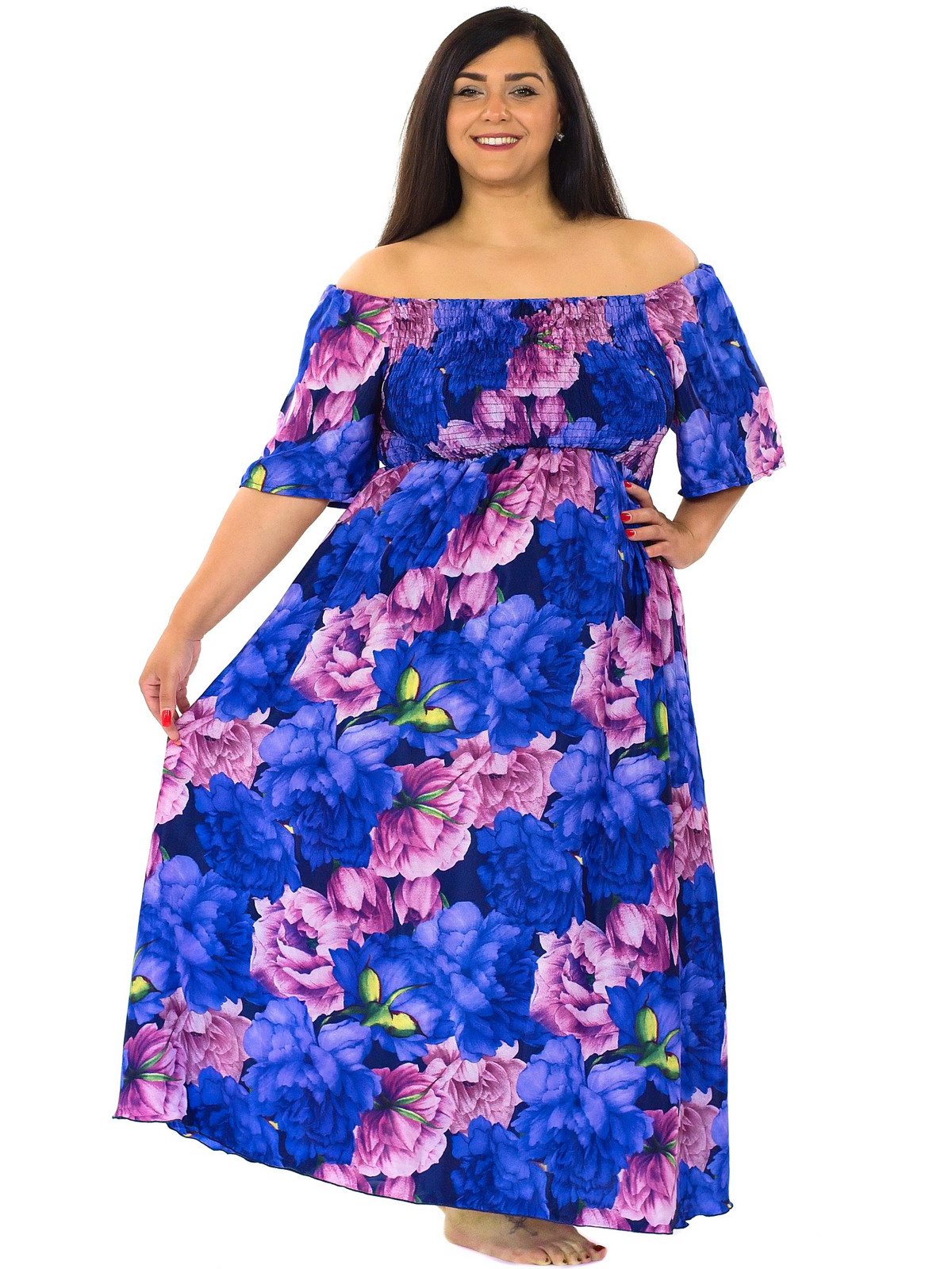 Himalife Dlouhé šaty Pivoňka - modrá s fialovou a růžovou Velikost: S/M