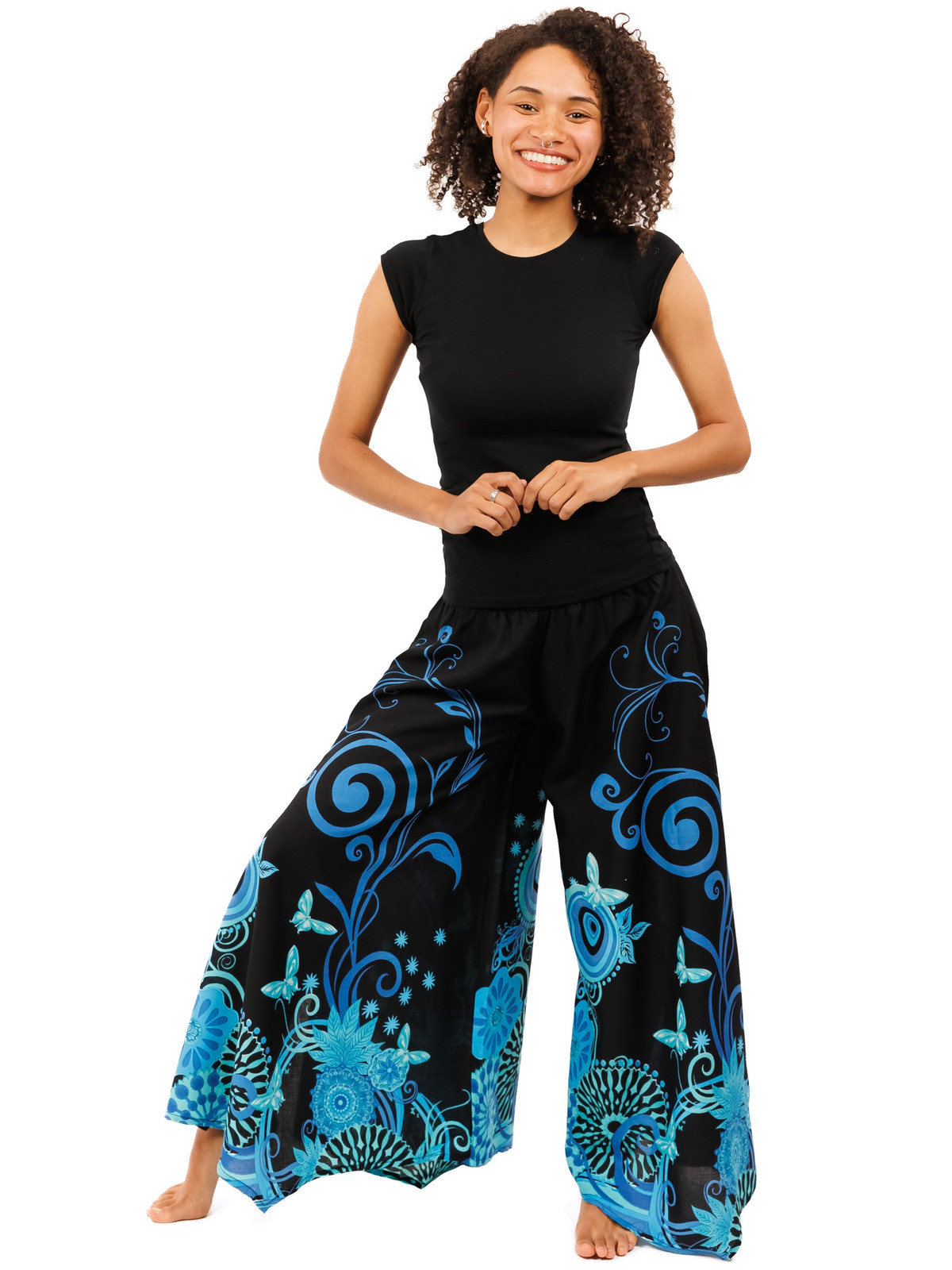 Himalife Široké kalhoty Suwa - černá s tyrkysovou Velikost: 2XL/3XL