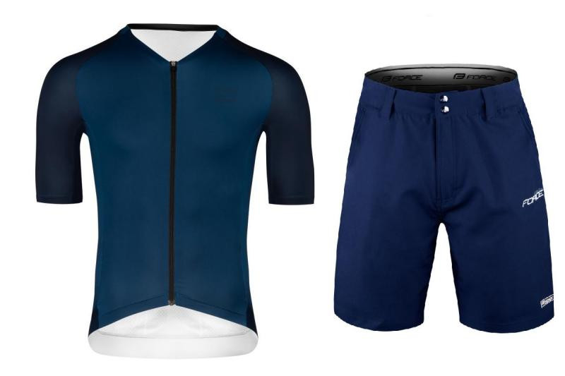 Force SCRIPT tm.modrý cyklodres - kr. rukáv + Force BLADE MTB tm.modré cyklokraťasy