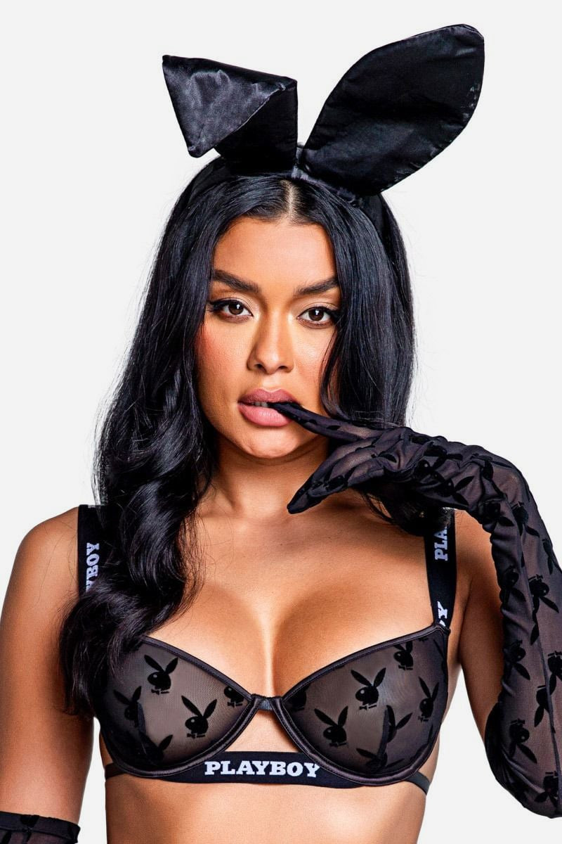 Černé průsvitné rukavičky Playboy Bunny