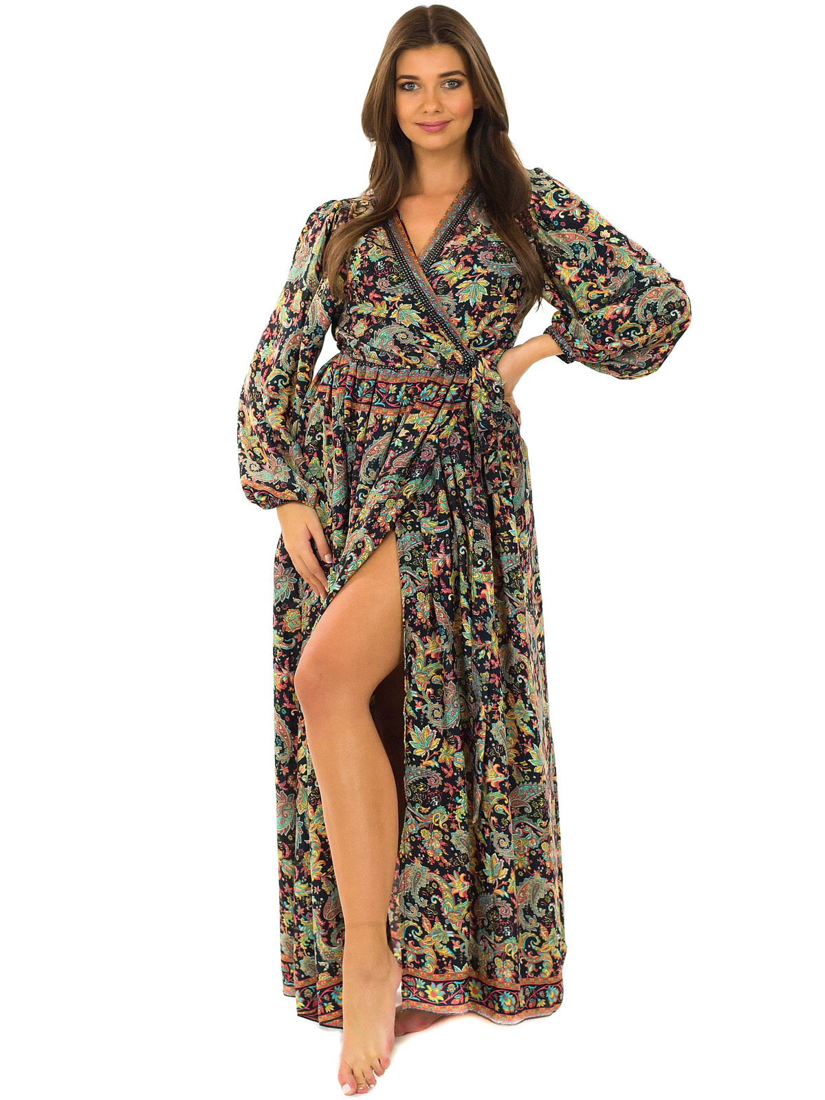 Himalife Zavinovací šaty s dlouhým rukávem Paisley - černá s barvami Velikost: S/M