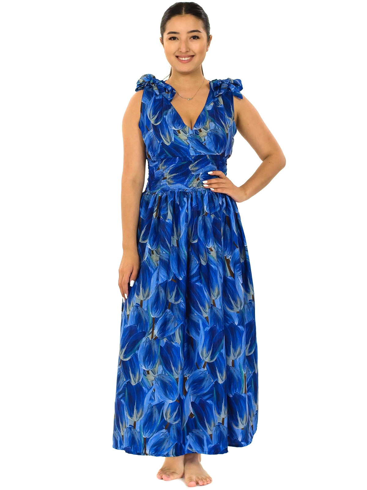 Himalife Šaty se širokými ramínky  Tulipány - modré Velikost: S/M