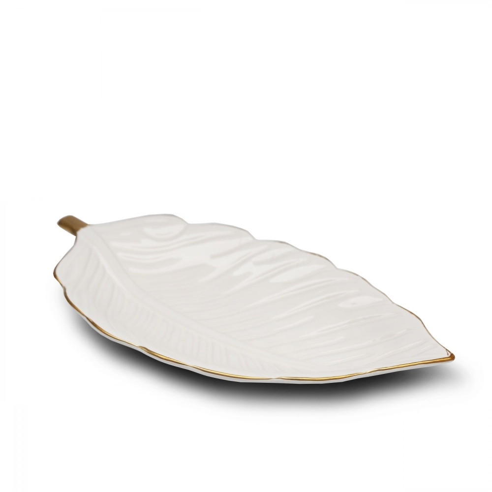 Dekorativní keramický talíř ve tvaru listu, krémová, 30 cm