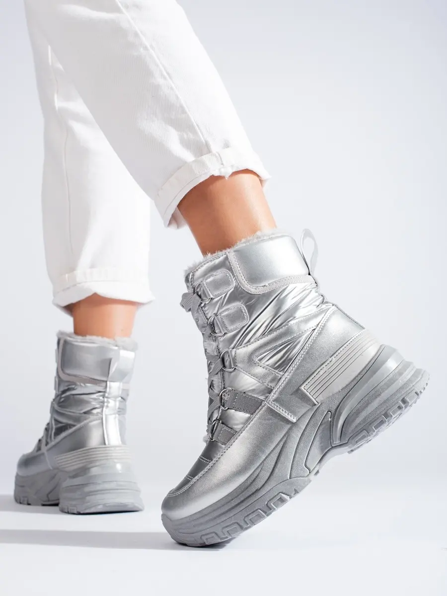 Moderní sněhule dámské stříbrné bez podpatku