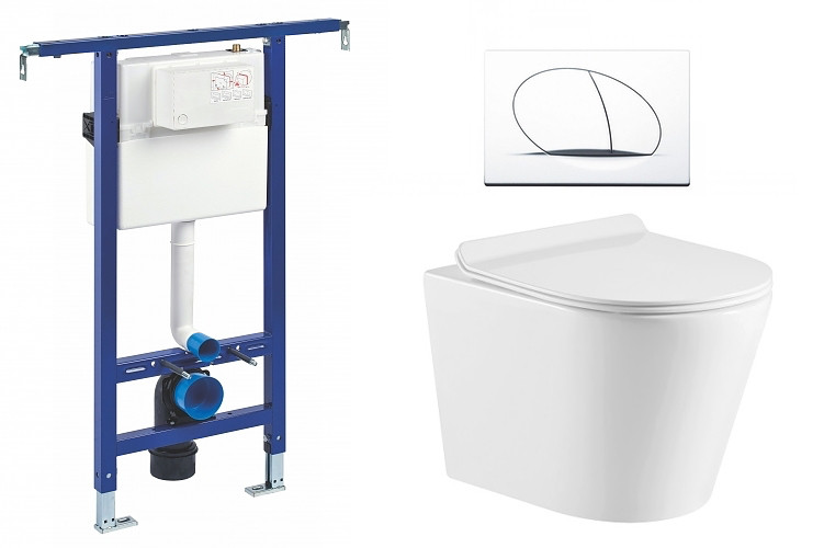 Liv-Fluidmaster Wc set Ring II Core podmítková nádrž do bytového jádra, rimless mísa, sedátko a bílé tlačítko 195853 - SET(195853, 222021,  OLKLT053ER)