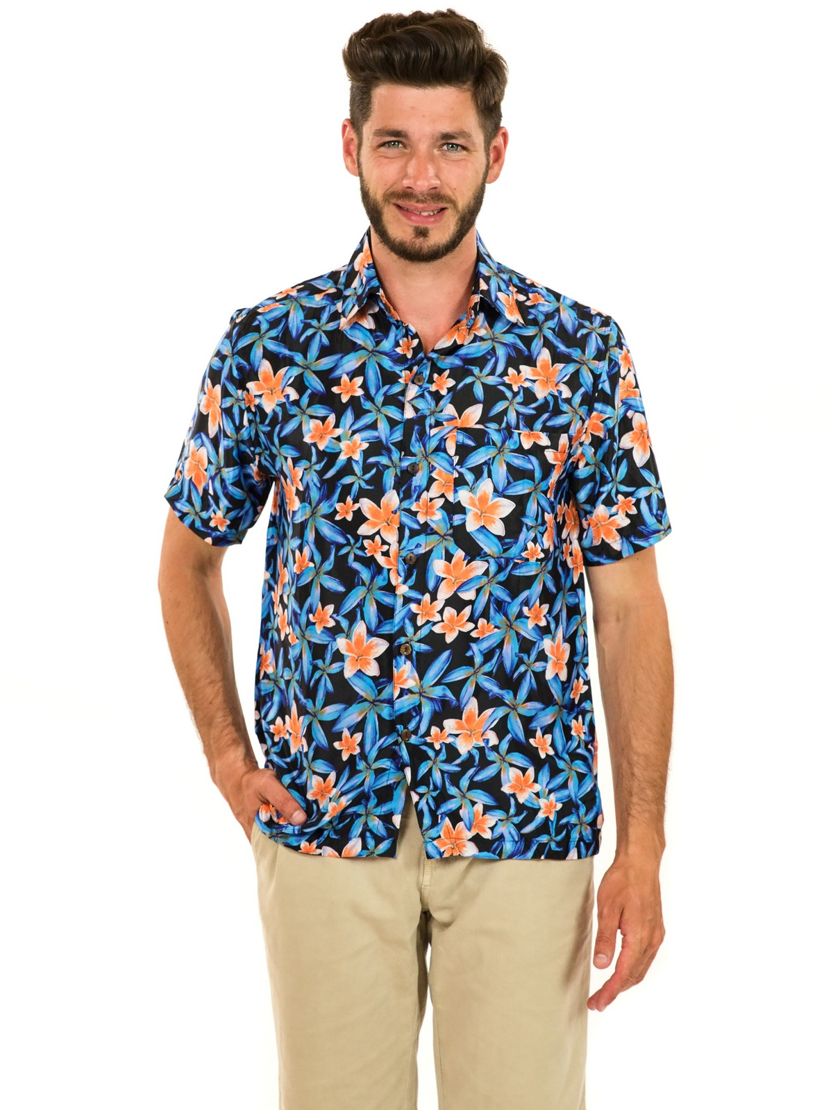 Himalife Pánská košile Plumeria - tyrkysová s oranžovou Velikost: XXL