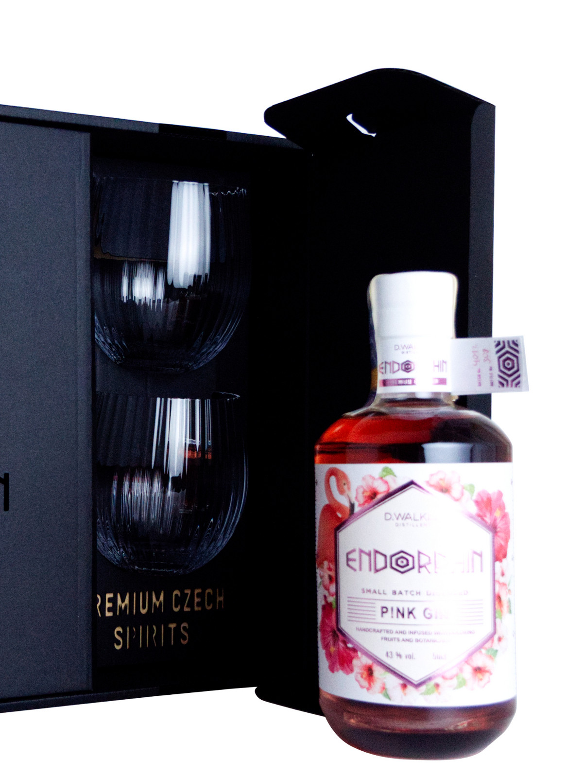Endorphin gin Endorphin sada: Pink Gin + 2x čiré skleničky Tethys