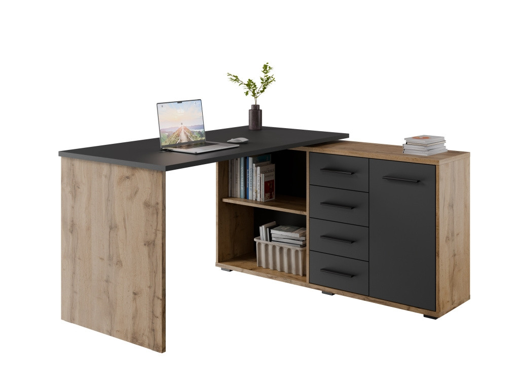 Rohový psací stůl NEJBY GIANNI, pravý, dub wotan/antracit
