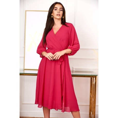 Dámské zavinovací šaty KASANDRA 3/4 rukáv midi malinové, Velikost 50, Barva Malinová Bellezza 0020158