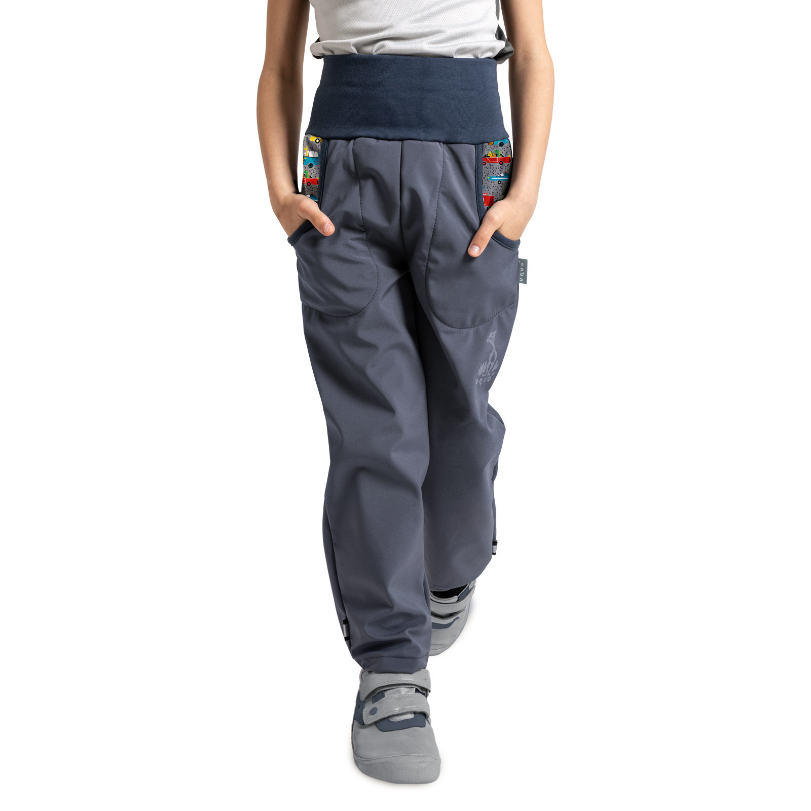 Unuo Unuo, Dětské softshellové kalhoty s fleecem Basic, Tm. Šedá, ZOO na výletě Velikost: 98/104 8596227098187