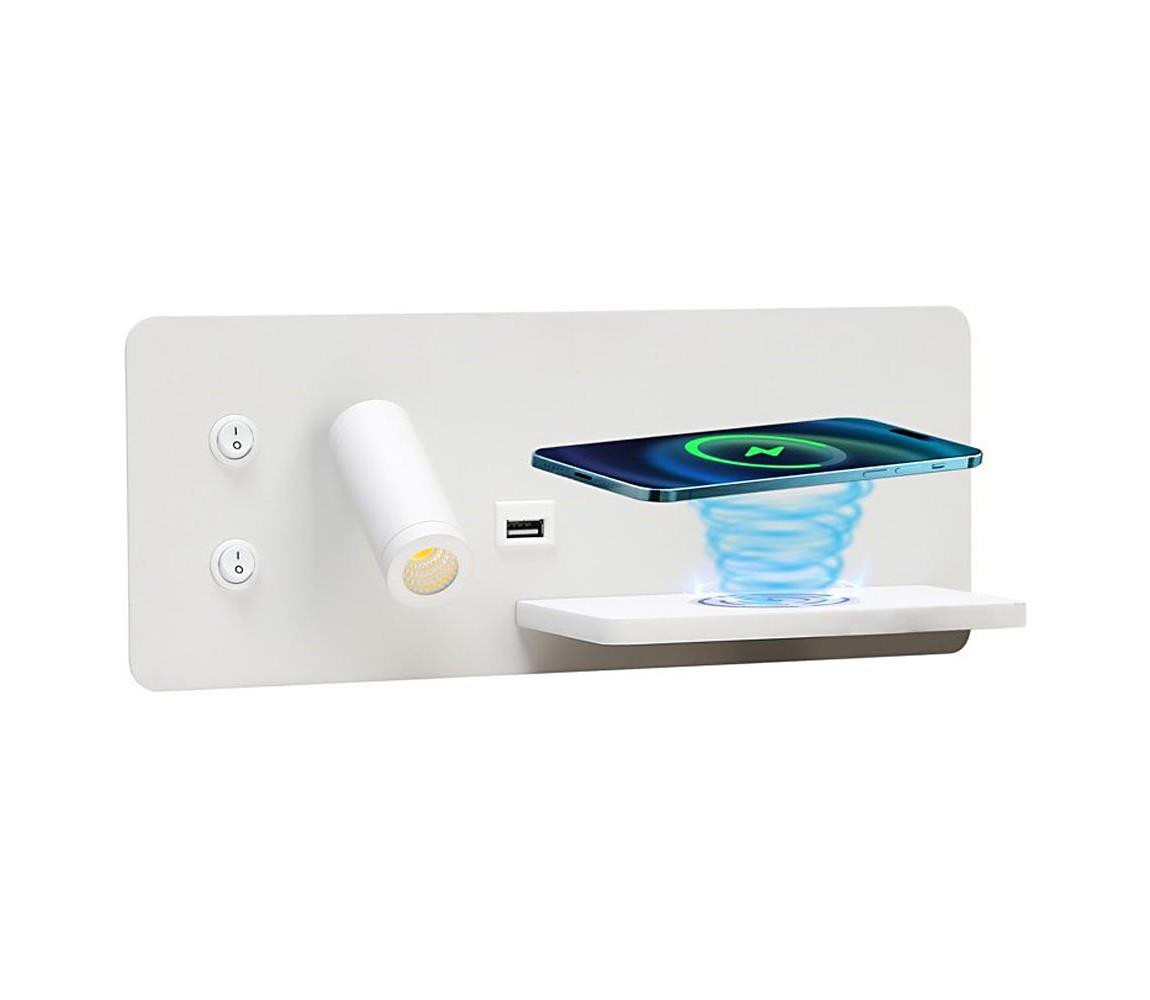 08285L-LED Nástěnné svít. s pol., USB a bezdr. nab. LED/3W/230V + LED/3W